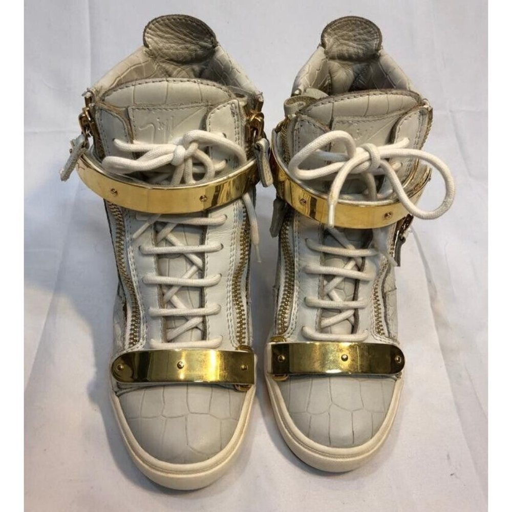 Authentic Giuseppe Zanotti Womens Sneakers Wedges High Top Zip White Gold 38.5